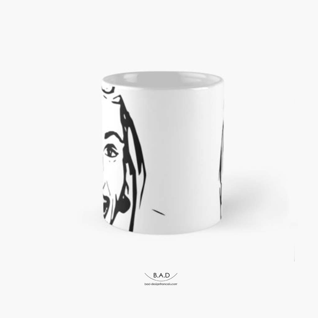 Mug avec un dessin en noir et blanc représentant un visage qui rigole.